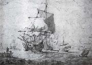 Monamy, Peter A two-decker man-o-war shortening sail seen from the port bow other craft lightly pencilled in the background Spain oil painting reproduction